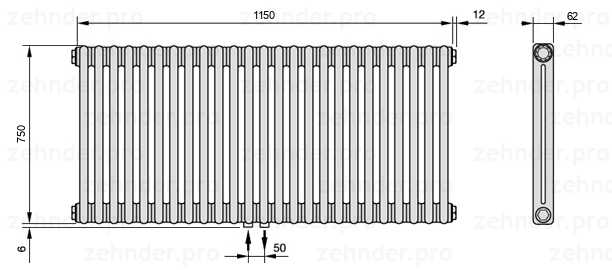 Схема (чертеж) Радиатор Zehnder Charleston 2075/25 №3470 Белый глянцевый RAL 9016